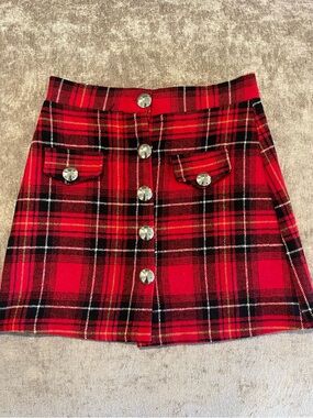 Miss London Red Black Plaid Button-Front Mini Skirt